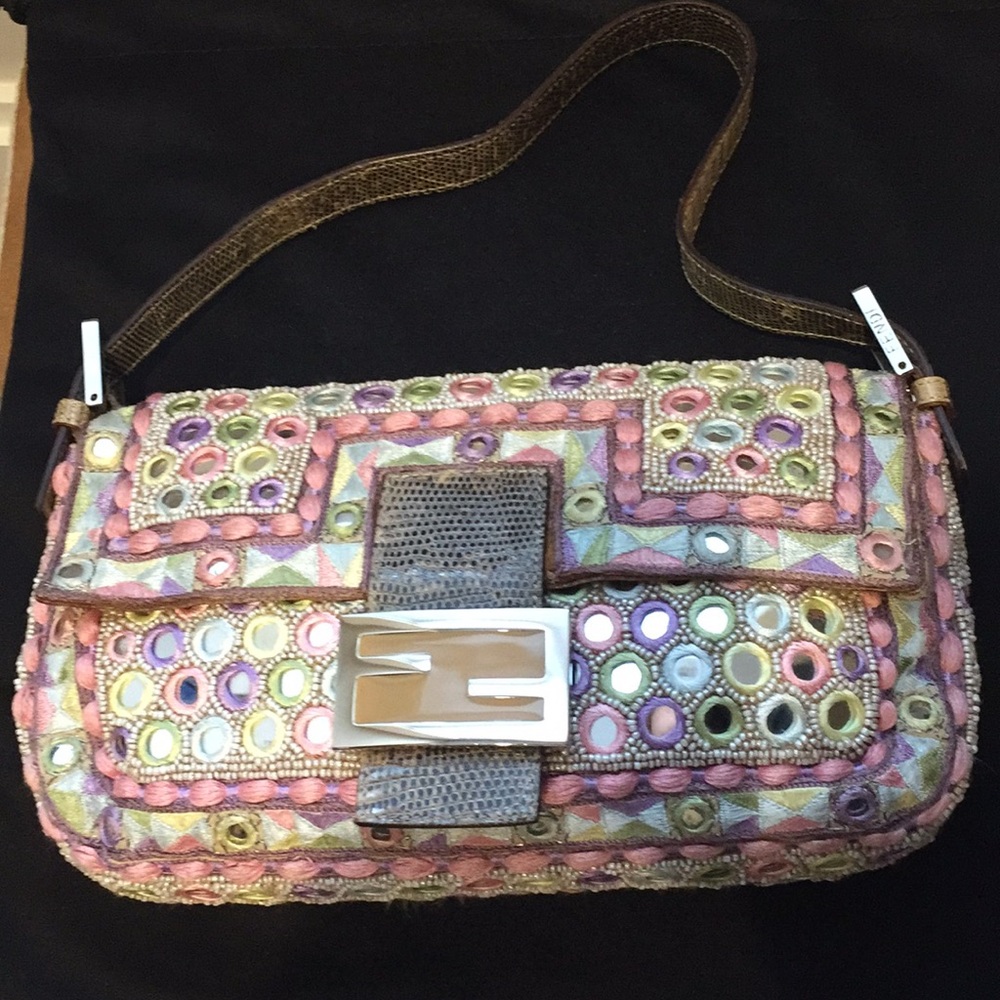 Fendi Embroidered & Mirrored Lizard Trim Baguette